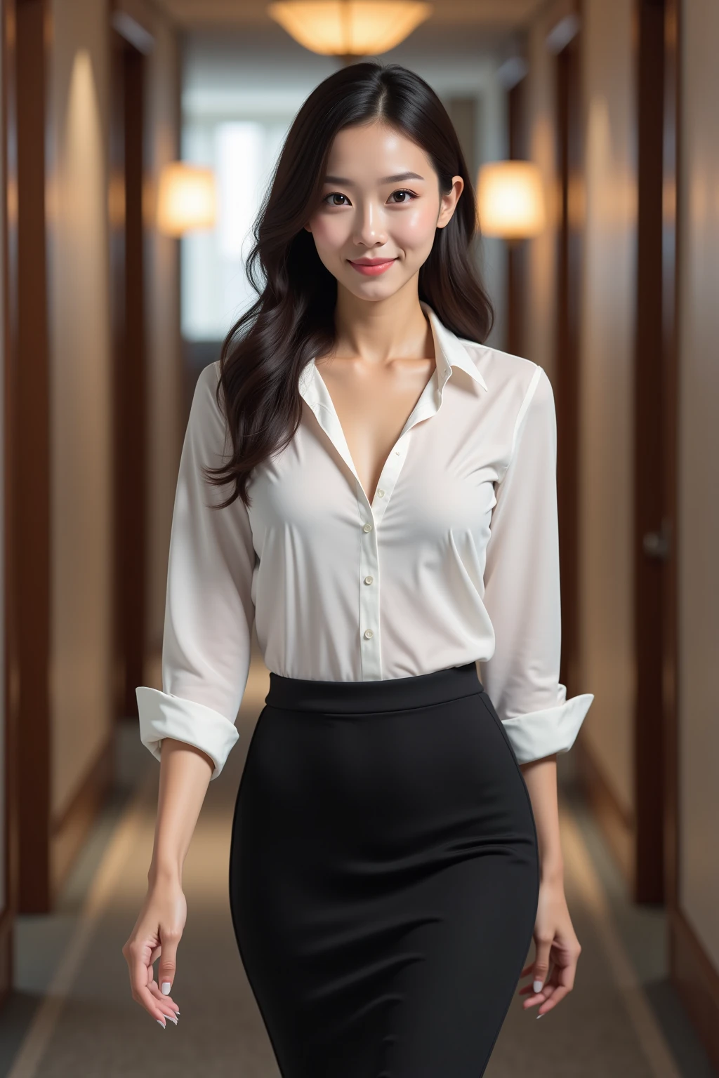 A young woman stands and gives a presentation wearing a sexy academic uniform.,Small milk,Look at me on the table, black skirt, The skirt flipped up.,bare, Open a tight white shirt.,(collar shirt),、(Masterpiece、Highest quality) 、for sharp images、The sun is strong.、Definitely a striking image., very very beautiful、Masterpiece, Highest quality,picture, cute,((23 year old woman:1.2)), realistically,realistic