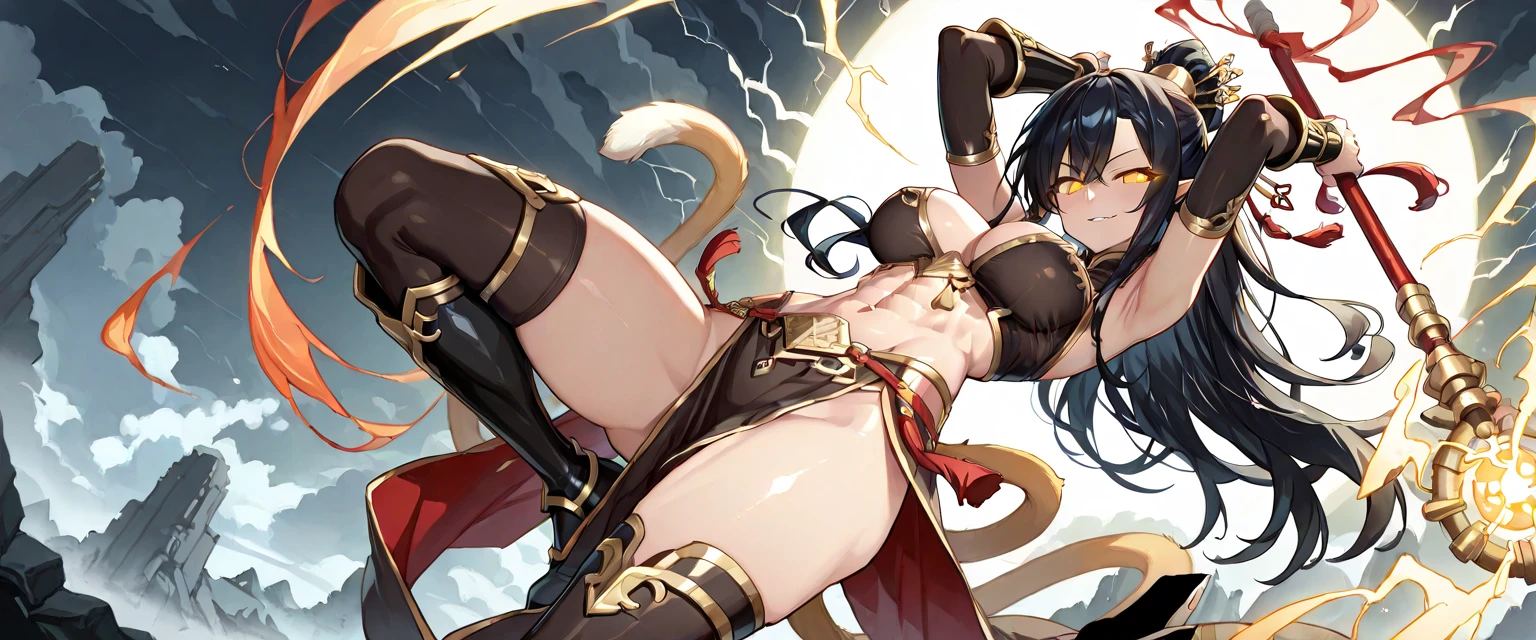 long hair, black hair, grey eyes, curvy, muscular female, huge breasts, anatomically correct, best quality, masterpiece, high quality, high details, highres, HD, (shaded face:1.2), hollow eyes, grey eyes, looking at viewer, smirk, upper teeth, lips, 1girl, tattoo, braid, pubic_tattoo, very_long_hair, stomach_tattoo, solo, large_breasts, navel, striped_gloves, gloves, red_eyes, looking_at_viewer, stomach, elbow_gloves, red_hair, crossed_bangs, from_below, underwear, panties, revealing_clothes, eyebrows_visible_through_hair, thighs, bare_shoulders, areolae, nsfw art