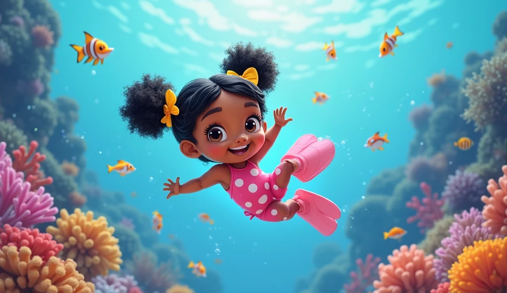 Little black girl, up close, saying "I love a lot of soap bubbles flying", Pixar style, 3D style, Disney style, 8k, cute