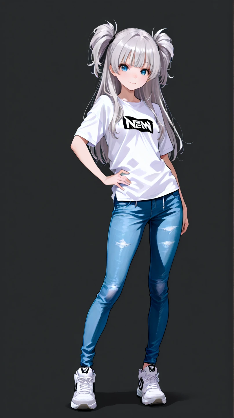 masterpiece, best quality, 1girl, solo, full body, minimal background, white long hair, casual clothing, open and cheerful expression, looking at viewer, cute, beautiful, delicate face, smiling, relaxed pose, detailed, hd