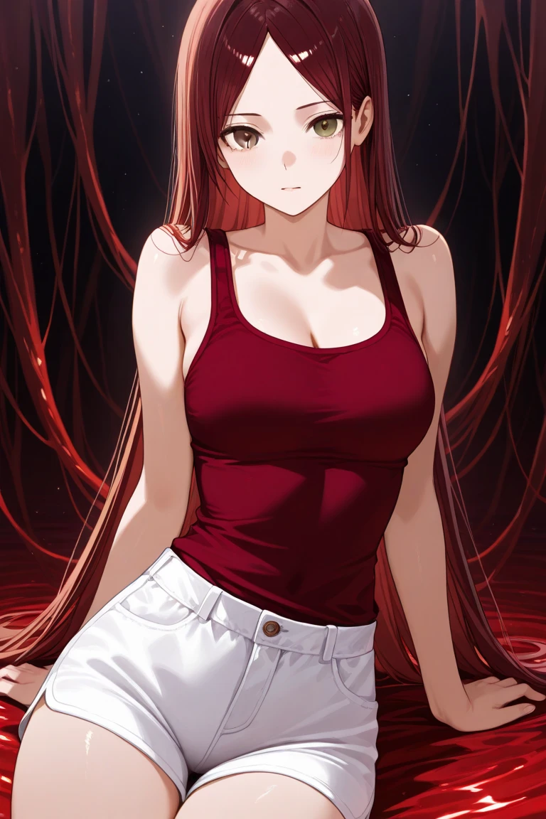 1 girl,cute,Standing facing right, camera angle from the side, photo from the side, looking away, in the park,at night,straight hair,brown hair, bright red eyes,big breast,,Looking away,,red Night gown ,close up photo,blush,