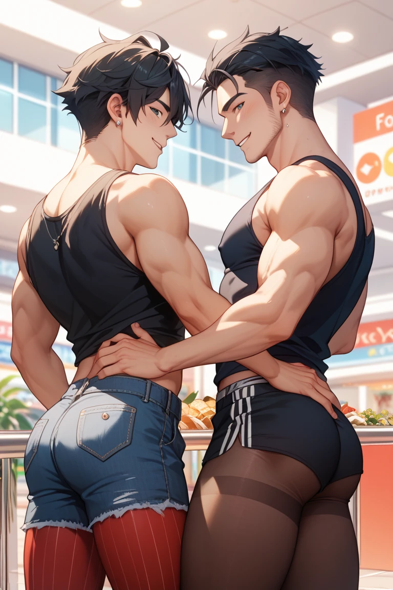 a lamp genie turns into a handsome, strong, muscular Arab and African human with beautiful black hair, with a toned body, wearing only sand-colored shorts and sandals kissing his handsome engineer boyfriend