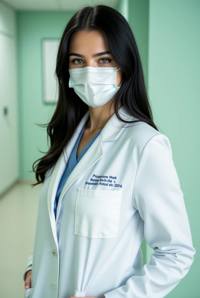 PICTURE REALISTIC, a Brazilian girl, with medical clothing, wearing a white coat, curly hair, age 21 years, wearing surgical mask, This is in a hospital room, 4 k image