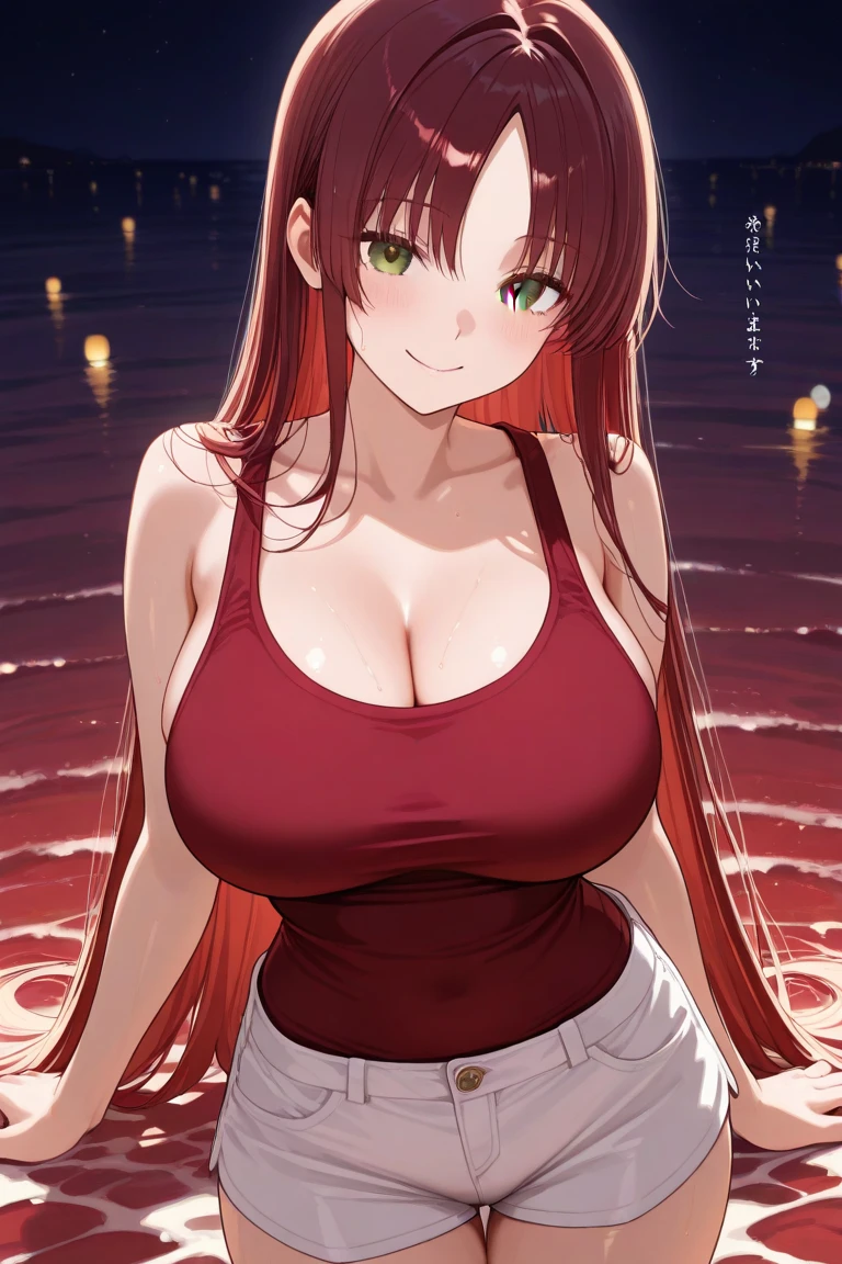 (Highest quality、4K、8k、High resolution、masterpiece:1.2)、Very detailed、Picturesque、Animated Photography、Photo Animation:1.37)、、Japanese women、red hair、long hair、stars ornament、Leaning forward、(Backless)High-neck sleeveless knit dress、(((side boob)))、Put your arms behind your head、Nakano May