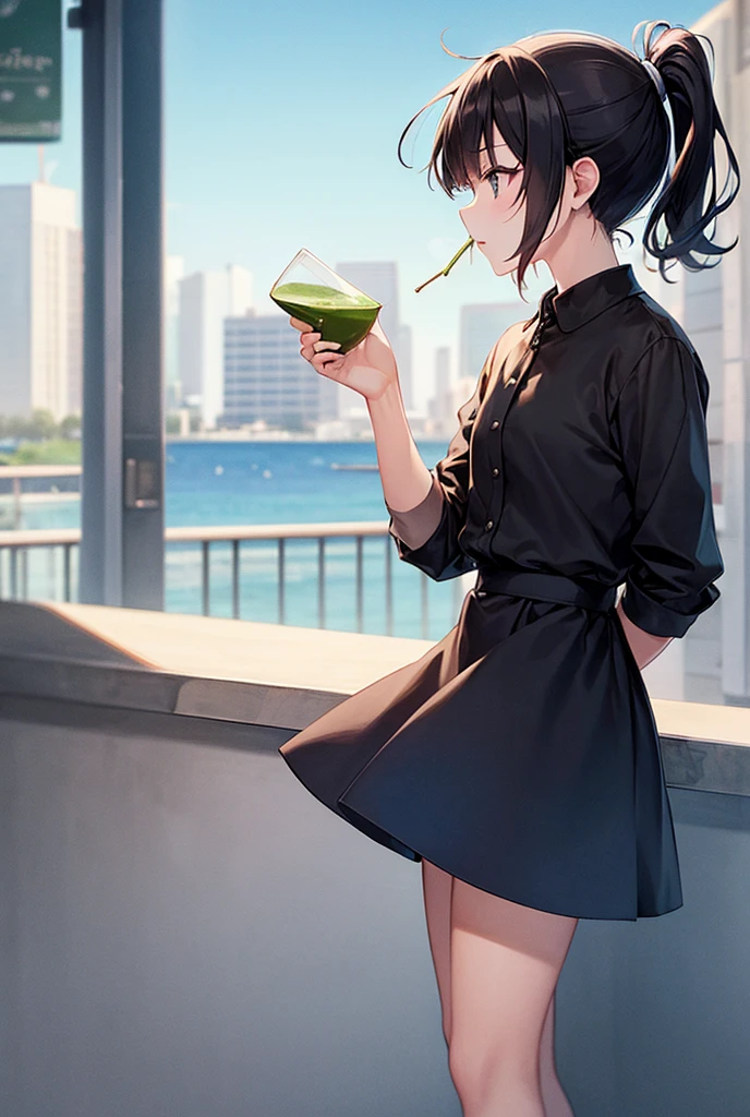 ((Green juice cup, fizzy, sparkling, foamy, holding bones, best quality)),(complex lighting),solo,1girl,upper body, eveline, black dress, black hair, boots, sleeves rolled up, hair over one eye,long hair, pale skin, sitting, on chair, grey eyes