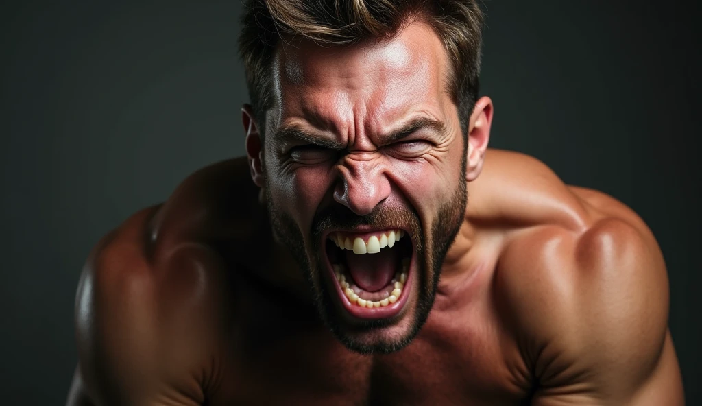 has a man screaming with testosterone at the limit I want the image to have a dark tone