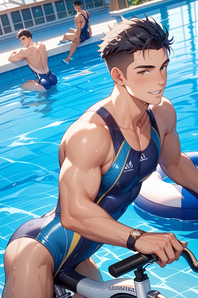 musculature，Dark skin，Handsome man，Asia face，tight swimming trunks ，pierced，gym room，cheerful grin --auto
