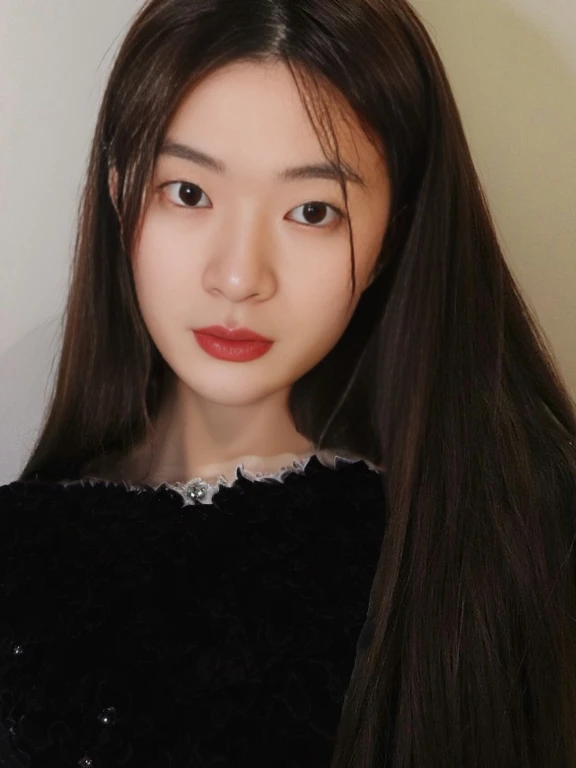 Best Quality, 8k, Masterpiece, (Portrait: 1.3), (photo realistic:1.4), (hyper realistic:1.4), Sharp Focus, looking at viewer, (smoother lighting:1.1), (increase cinematic lighting quality:0.9), realistic lighting, backlighting, light on face, ray trace, (brightening light:1.2), (Increase quality:1.4), sharp detail, (best quality real texture skin:1.4), finely detailed eyes, black_eyes, finely detailed face, 25 year old Korean woman, (black formal_shirt:1.4), (Create an image maintaining the original base model hairstyle:1.5)
