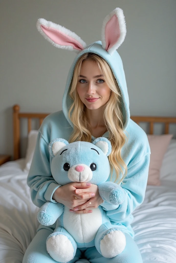 Ein junges, naughty girl, with long blonde braids, wears a unicorn hooded costume