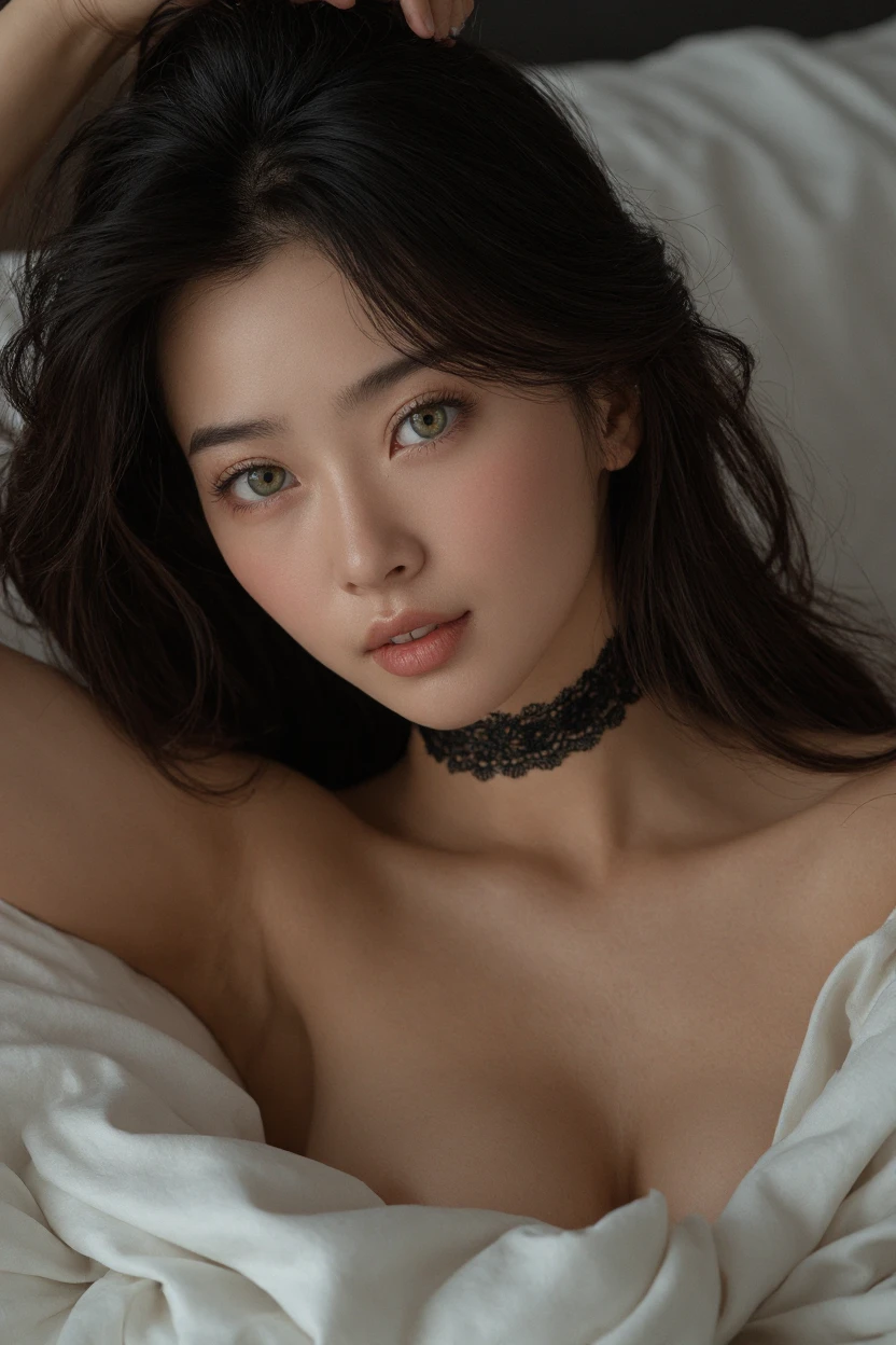 A girl, (in bedroom), various hair styles, night, details face, seducing, sleeveless, lingerie, armpits, laying on bed, beautiful thighs