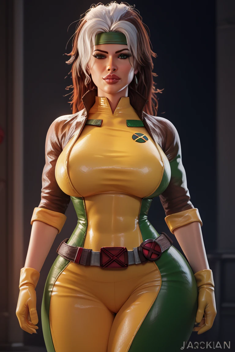 masterpiece:1.0), (best_quality:1.2), Classic Rogue, 1991 Rogue X-Men, ((1 girl)), head to ground view, (candid), still pose, sweaty, towel around neck, medium length hair, auburn hair, one lock of white hair, ponytail, green eyes, mischievous look, smirk, parted lips, fit figure, ((((massive breasts)))), ((((huge muscles)))),no makeup, gold earrings, backlit, (realism: 1.5), (Realistic: 1.4), (Absurdity:1.4), 8k, ultra-detailed, official art, extremely detailed CG unity 8k wallpaper, perfect lighting, Colorful, ultra high res, photography, 8K, HDR, Kodak portra 400, film grain, blurry background, (bokeh:1.2), (vibrant_color:1.2), film grain:1.2, (warm hue, warm tone:1.2), (color photo), professional photograph