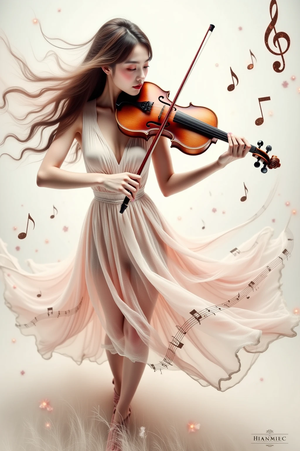 young women playing the violin, music notes flying around, multicolor waves of sounds, abstract, silk, elegant, highly detailed, digital painting, artstation, concept art, smooth, sharp focus, illustration, art by Ilja Repin