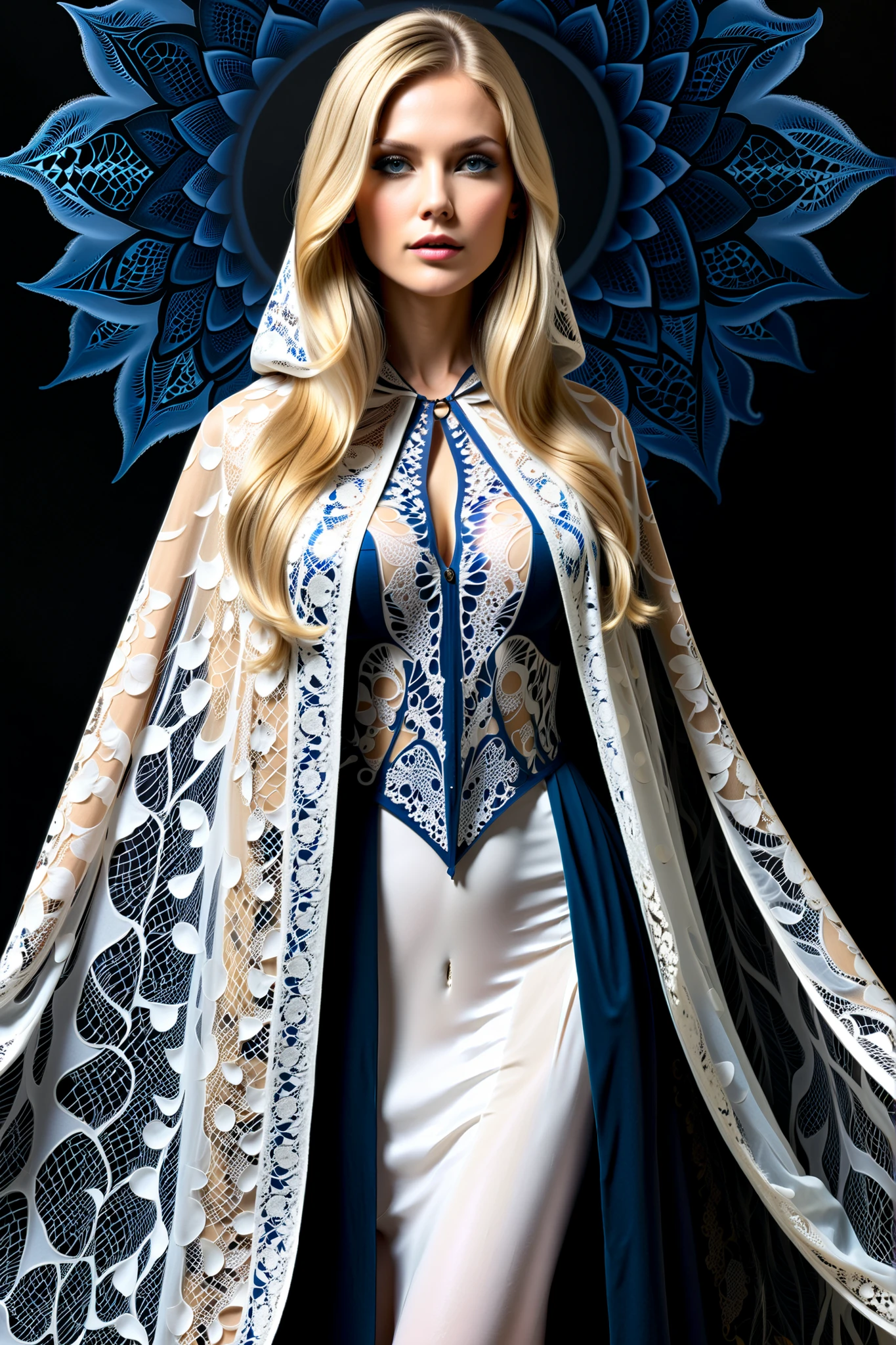 1girl, ( Emily Kell and Louis Roy , 35 years old), on the visor , 8k wallpaper, full length, Very detailed , beautiful and aesthetic , blonde, dark and electrically blue eyes , ((, a thin long lace cloak with a very neat and delicate finish, nu, which makes the skin appear , lace with very precise fractal patterns , Mandelbrot fractal in lace in the center of the dress, Julia Fractal :1.6)), , , the nipples are detailed, , light smile , masterpiece , better quality, realistic, extremely detailed , Dynamic angle , (confuse , Mandelbrot fractal ) , is the most beautiful form of chaos , Elegant, brutalist design , bright colors , romance, ( outdoors)