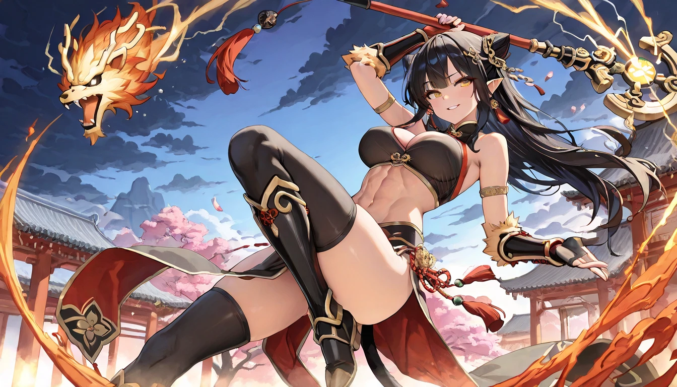 -arcana,arcana,Windranger anime style, solo, bow \(weapon\), weapon, 1girl, simple background, flower, long hair,, bug, green eyes, arrow \(projectile\), no humans, full bodyexposed belly, brown hair with red tips, short, (big boobs)