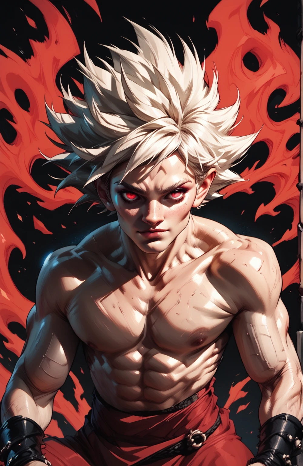 son goku, 1boy, closed mouth, male focus, muscular, muscular male, rock, sash, serious, solo, spiked hair, topless male, torn clothes, ultra instinct, black eyes, black hair, ((masterpiece)), Goku black, Zamasu style