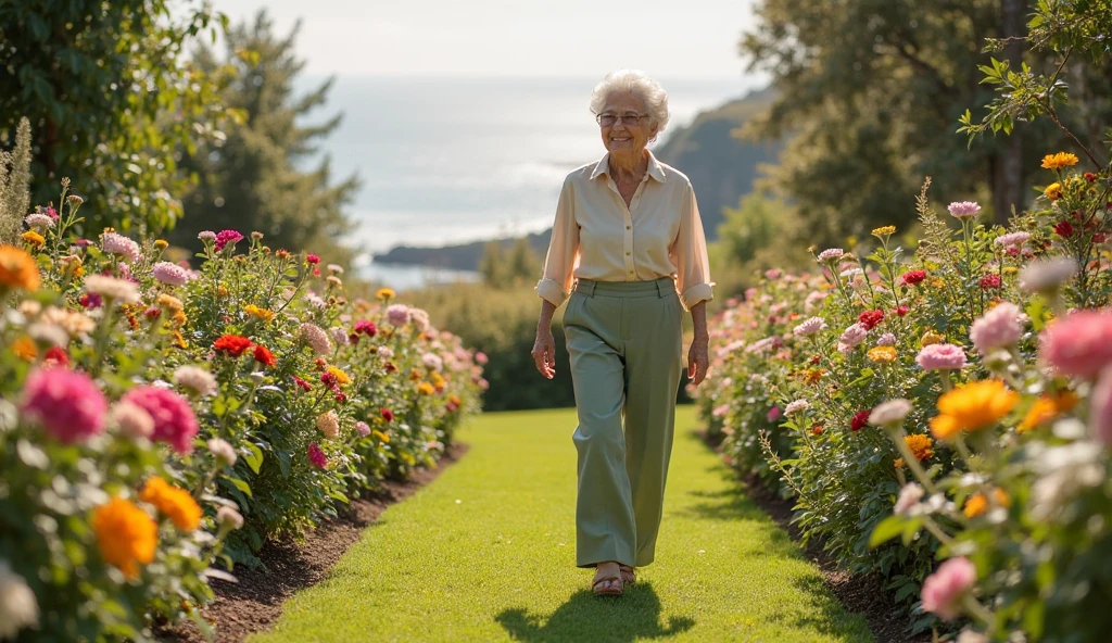 Elderly woman with abundant hair and a wide smile, Looking at the sky, short loose red gauze dress, espadrilles in hand,barefoot walking through a stream of transparent water, trail of sunflowers and lilac flowers, old hut, sunny atmosphere