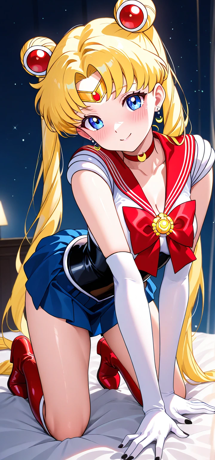 masterpiece, best quality, absurdres, perfect antomy, 1girl, solo, SMMoon, 1990s \(style\), blonde sailor moon, standing, smile, cowboy shot, sailor senshi uniform, sailor collar, blue skirt, elbow gloves, in back pose, show her booty, backwards, no thong big booty, ultra mini skirt ( BACK POSE, BACKWARD, SHOW HER BOOTY)