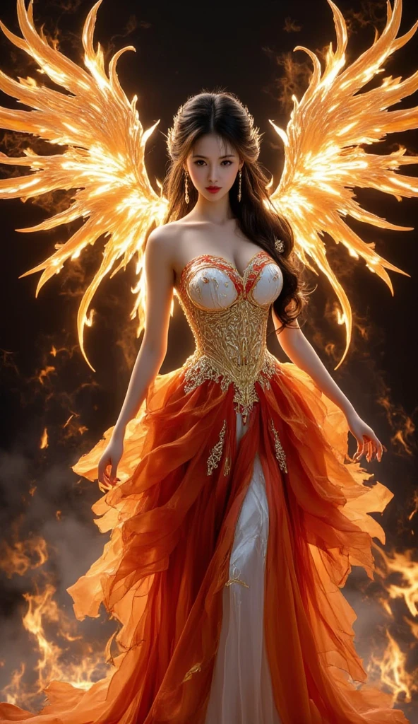 (Goddess of Fire:1.2), (mythical deity:1.2), fiery aura, blazing flames, (masterpiece:1.4, best quality), (masterpiece, best quality), (photo realistic:1.4), 1goddess, (powerful and majestic), flowing fire gown, radiant embers, fierce expression, molten lava, flickering flames, intricate fire patterns, intense heat, celestial glow, fiery wings, dynamic pose, vibrant reds, deep oranges, shimmering golds, intense lighting, magical aura, (piercing eyes:1.4), (glowing eyes:1.2), (detailed face:1.4), (expressive face:1.2), enchanting gaze, rich textures, captivating features, ethereal beauty, rare, unique, Rich Detail, Perfect Image Quality