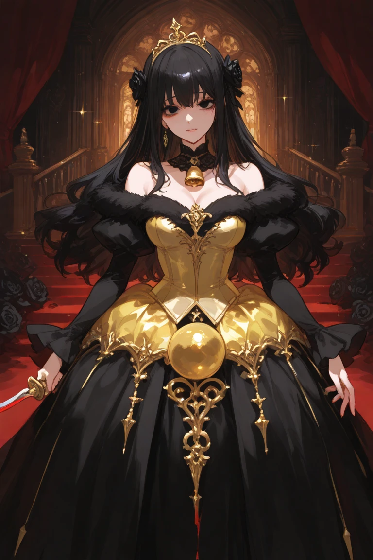 ((anime artstyle)),(Masterpiece),(Best Quality), (Super Detail),(Very Delicate and Beautiful),Solo,((full body portrait)),((BlingBling)),((1 arrogant princess in beautiful embroidery black and gold gorgeous rococo ballgown with  voluminous full length hoop skirt)),gold trim,((crinoline)),gorgeousfull embroidery,Long train((arrogant,haughty)),(((arrogant smile))),Sharp eyes,(holding a luxurious scepter),((gorgeous gemstone jewelry)),detailed face and eyes,jewel-like eyes,Purple eyes,(Bangs between eyes),((large amount of straight hair,extremely Long voluminous black Hair)),((gigantic tits,Long tits)),gorgeousfull embroidery,cleavage,extremely gorgeousfull hair ornament,(bling-bling extremely gorgeousfull jeweled tiara),gorgeous corsage,(Dynamic Angle),Looking at viewer,(full body)),((beautiful embroidery and glitter jeweled black and gold gorgeous rococo ballgown with voluminous full length hoop skirt))