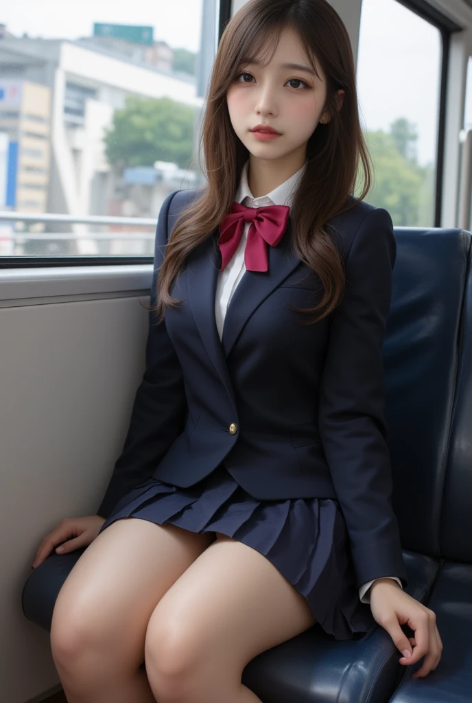 top-quality,ultra-detailliert,masterpiece,realisitic,Photo Real,Bright lighting,1 girl in, an extremely beautiful 17-year-old girl, (kawaii:1.2),Thin smile, (Brown eyes),(brown haired),(midiam),perfect glossy skin,flawless skin,((erotick,Sexy and sexually explicit)),((accurate hands without incongruity)), large full breasts,big breasts thin waist, Look at viewers,((blazers)),((Long sleeve uniform white shirt)),(Red ribbons),(Blue Mini Pleated Skirt),(((skirt lift by yourself))),(lifted by self),(Showing panties),panties on,panties focus,((Sit up,spread legswide)), sockes, (Black knee socks),(Loafer shoes), during daytime,On the train,Horizontal long seat with your back to the window