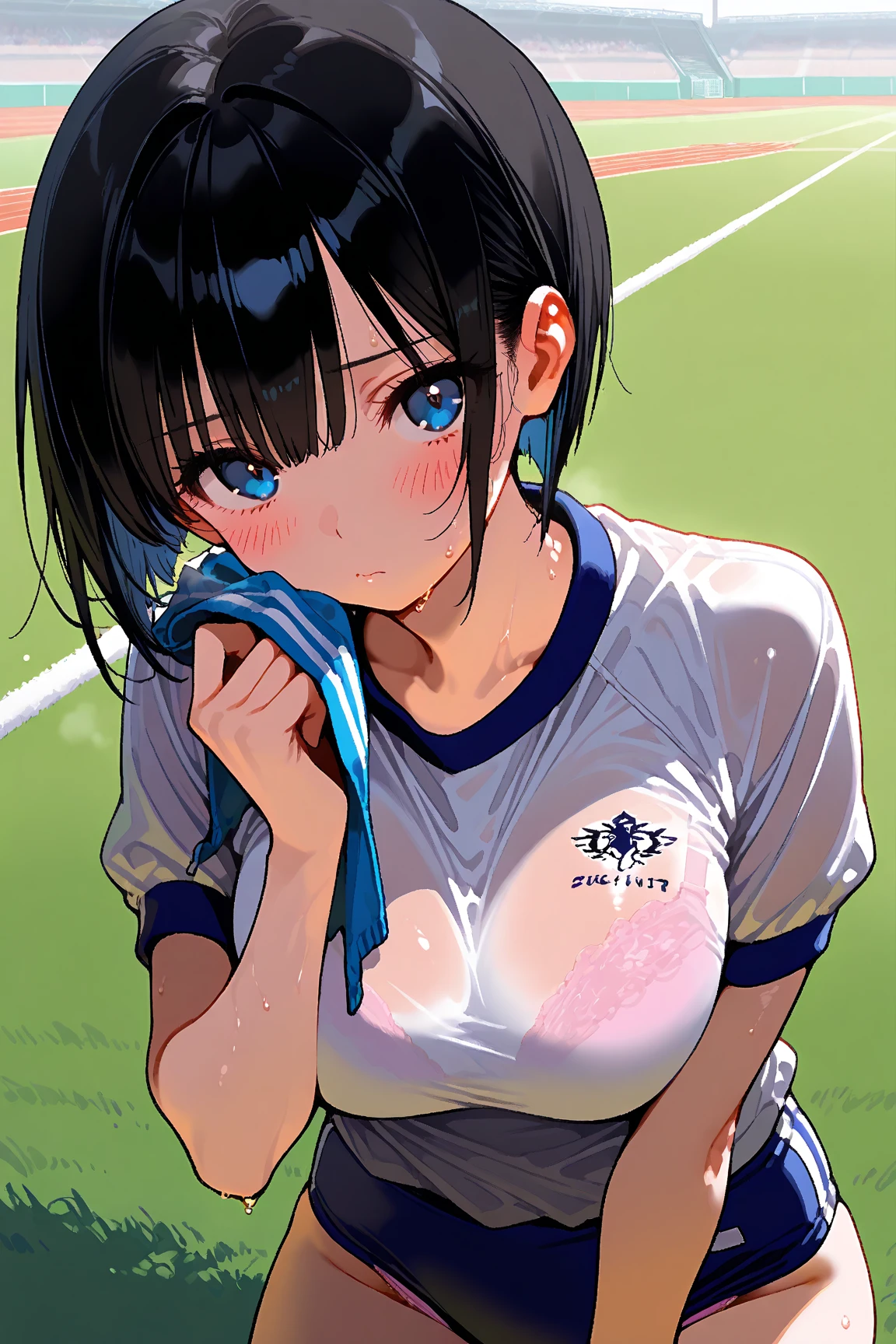 masterpiece, super fine illustration, best quality, light particles, ultra-detailed, 8K wallpaper, (bright colors:1.2),,(cowboy shot,from front),1girl,idolmaster, ((sizuka mogami)), (16yo, beautiful girl), (beautiful eyes),(beautiful hair), (midium ponytail hair),(pink ribbon),(wet hair), (shiny hair),(wet skin), (dark skin),(shiny skin),(((blue and white woman tennis uniform))),(wet clothes),(the waist),(flat chests,midium breasts), ((open clothes)),(((pubic hair:1.3)),(bsp, pussy juice dripping,pussy, pussy slip,no makeup, sweaty body),(spread legs),(open pussy:1.3),((steam)),(scatter sweat),(embarrassed,smile), ((open mouths)),(((one eye closed))),(((tongue out))),deep breathing, feel good,indecency,(squatting),(Nice touch),((Kamimei),(ecstasy),(((sex,Cowgirl,pov))),(cum shot:1.3),arched back, (a man), (intense Sex:1.7), (cowgirl style sex:1.4), (vaginal penis:1.2), hetero, (man hold girl's waist:1.4), (cum out:1.2),pov,tennis cort,