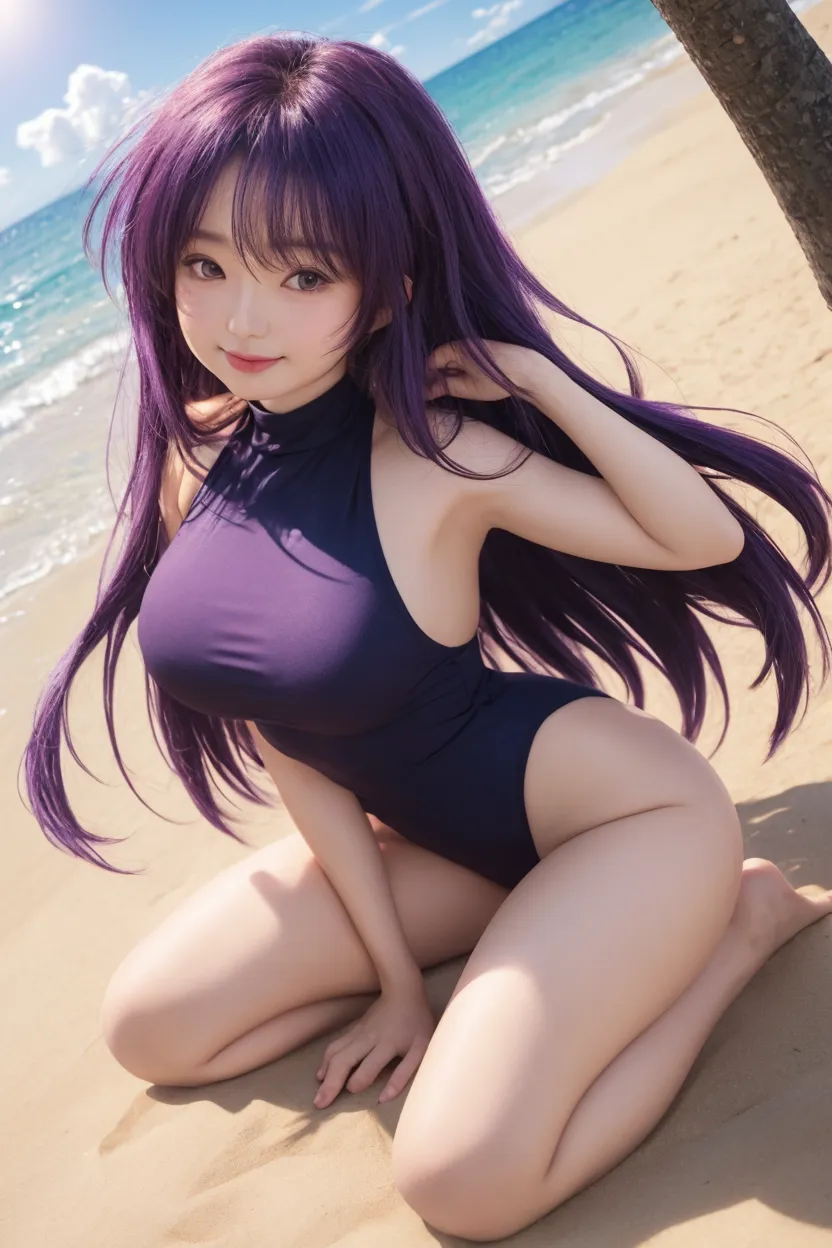 A thin, transparent polo shirt、Reduce milk、Transparent nipples、pantyhose、stockings、Transparent thin underwear、Leaning forward、Ocean、Purple Hair