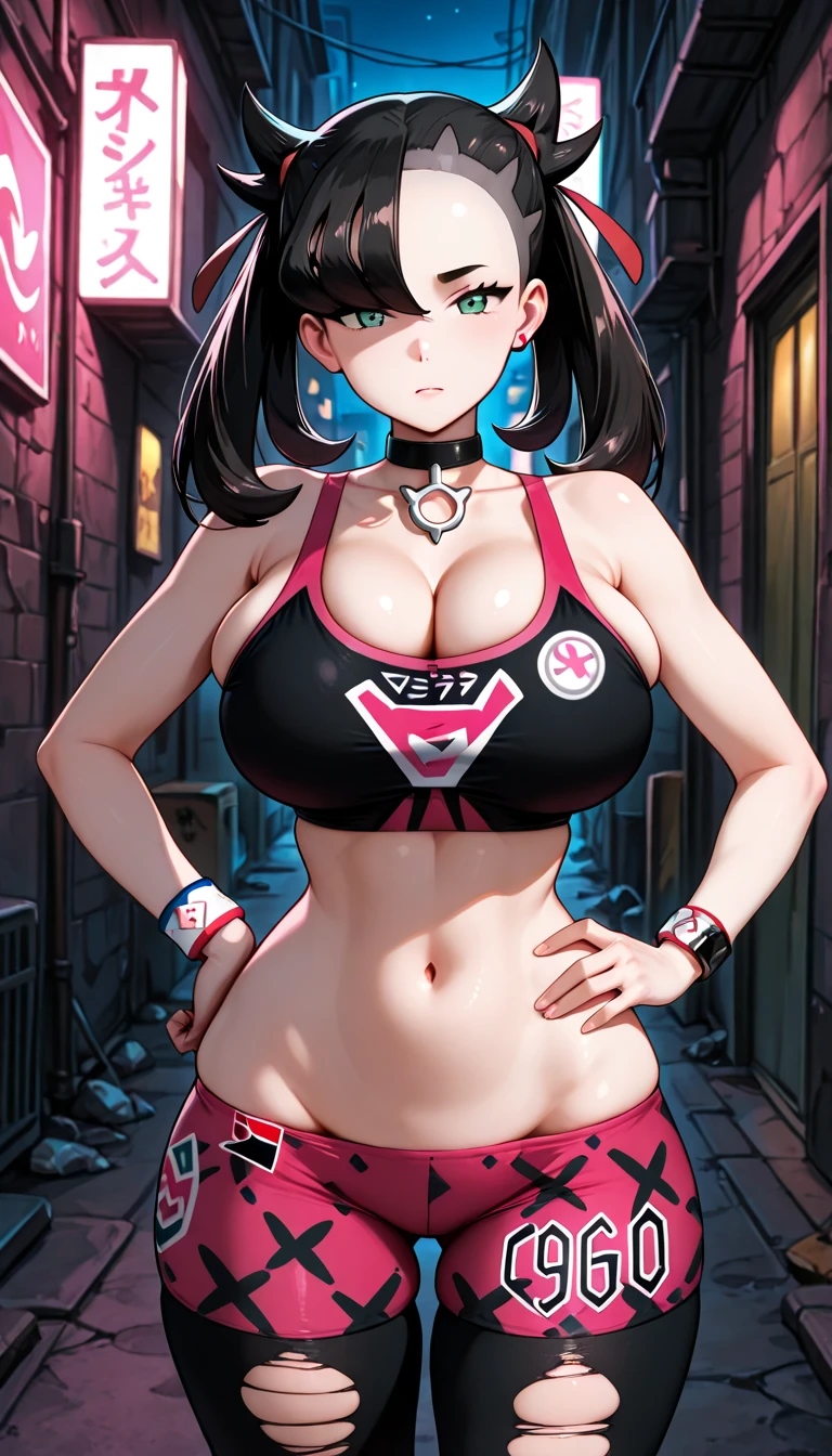 1girl, Marnie, (pokemon), Detailed face, Big sleepy eyes, belt, black collar, black hair, Much hair, pink dress, leather jacket, clothing cutout, collar, cowboy shot, crop top, cross, cross earrings, cross necklace, earrings, fingerless gloves, fishnet thighhighs, fishnets, gloves, gothic, hair between eyes, jewelry, looking at viewer, multiple rings, necklace, parted lips, red background, ring, scar, scar on cheek, scar on face, short hair, shoulder cutout, solo, spiked collar, spikes, sweater, sexy ass, big ass, camel toe, cyberpunk aesthetic, neon lights, cyborg woman, dark techno aesthetic, industrial goth aesthetic, ((high quality)), ((masterpiece))