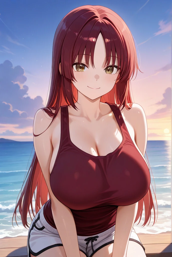 (high quality,Very detailed:1.37, High resolution), Woman, Erza, red hair, navel, flame pants, collarbone, bare shoulders, cleavage, hair over one eye, large breasts, long hair, bandages, chest sarashi, white ribbon, beach, looking at viewer, brown eyes, masterpiece, best quality, (wetting herself:1.5), (embarrassed:1.5), (humiliation:1.5), (sweating:1.25), (blushing:1.5), (standing:1.5)