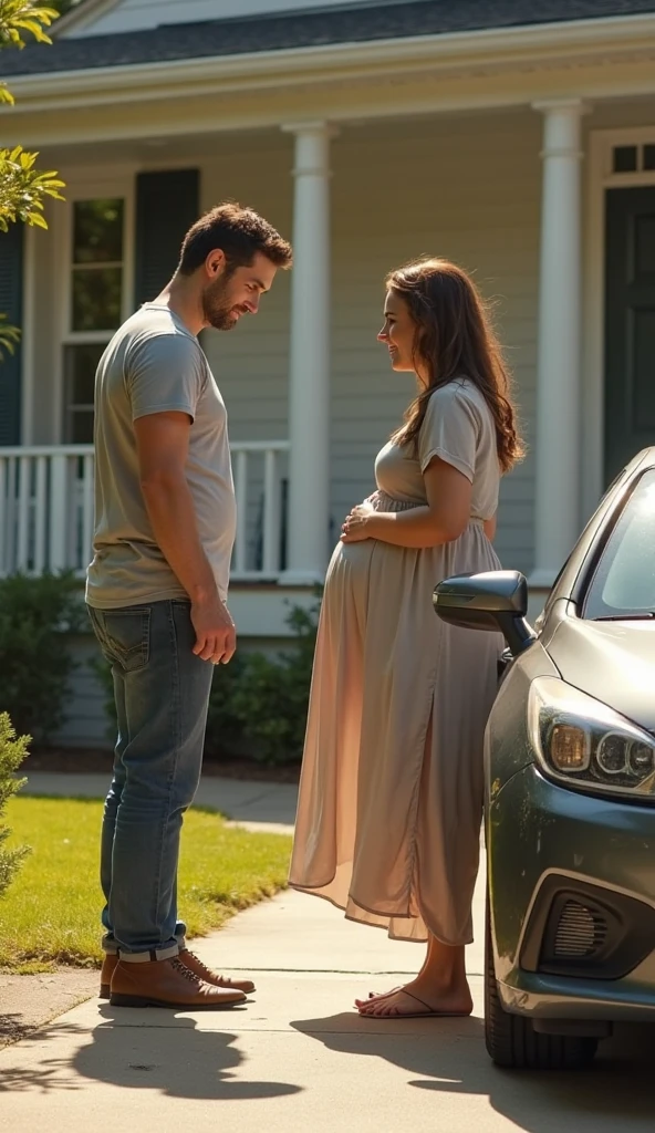 Pregnant woman dressed in moderate clothing with low-rise pants with a pile of bags of girl's clothes, a golden retriever at her side while she gets into a new Range Rover and her husband closes the door and her little son next to her wearing a soccer uniform and a ball but the woman showing a little of her belly holding her son's hand
