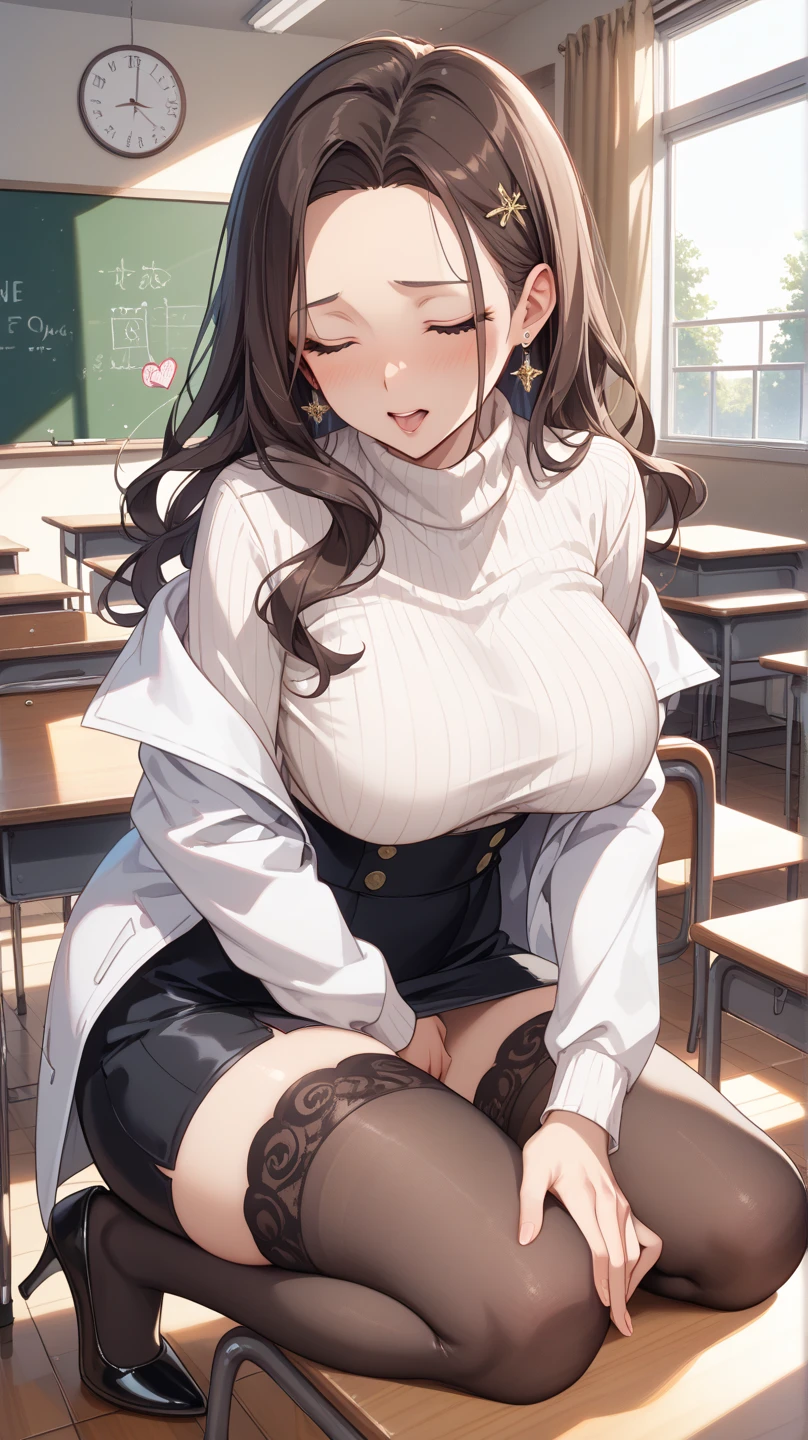(Tabletop, Highest quality, High resolution, , Pixel perfect, 4K,), 1 Girl, single, alone, Beautiful woman、I could see the whole body、 ((Wavy mid-hair, bangs, Brown Hair)), ((Brown eyes, Beautiful eyelashes, Realistic eyes)), ((Detailed face, blush:1.2)), ((Smooth texture:0.75, Realistic texture:0.65, Realistic:1.1, Anime CG Style)), Medium chest, Dynamic Angle, Perfect body, ((, female teacher, , Earrings、necklace、Turtleneck sweater、Dark blue flared skirt、Black knee-high stockings、Spread your legs wide、、A shy smile))、 Superior、、、evening、Sit at a desk、Touch your breasts with both hands、(、I can see your pants、Angle from below)、