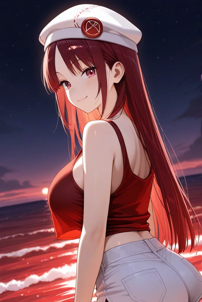 Uzumaki_kushina,huge breasts, beautiful face:1.3,butt hole,navel, cleavage ,bellybutton,off the shoulder:1.9,body facing front,full body shot,standing straight, small transparent skirt, transparent tshirt ,loose dress, mole on chest,red lipstick, mole on lip,ponytail,long hair,night sky, looking at view,