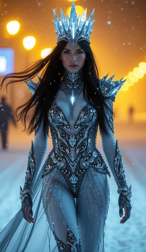 A mesmerizing image of a futuristic, otherworldly woman standing in a surreal, snow-covered desert landscape. She exudes an ethereal and regal presence, adorned in an intricate, metallic armor-like outfit that glistens with iridescent hues of silver, blue, and violet. Her long, sleek black hair is enhanced with strands of glowing colors that match the tones of her attire, cascading down her shoulders in perfect symmetry. Her piercing blue eyes are framed by striking makeup, with delicate jewels and ornaments adorning her face and hair, giving her a mystical and almost divine appearance. The barren, white desert behind her is punctuated by a single, twisted tree, adding to the stark and surreal beauty of the scene. The soft, natural lighting accentuates the futuristic and alien-like qualities of her presence, creating a captivating and dreamlike atmosphere.
(((futuristic alien queen in a surreal desert landscape))), medium shot, soft natural lighting, high contrast BREAK ((best quality:1.6)), ((high details:1.5)), ((highres:1.5)), ((4K:1.5)), ((iridescent armor:1.3)), ((mystical elements:1.3)) BREAK inspired by the styles of Greg Rutkowski | Zdzisław Beksiński | Artgerm | Pascal Blanche.