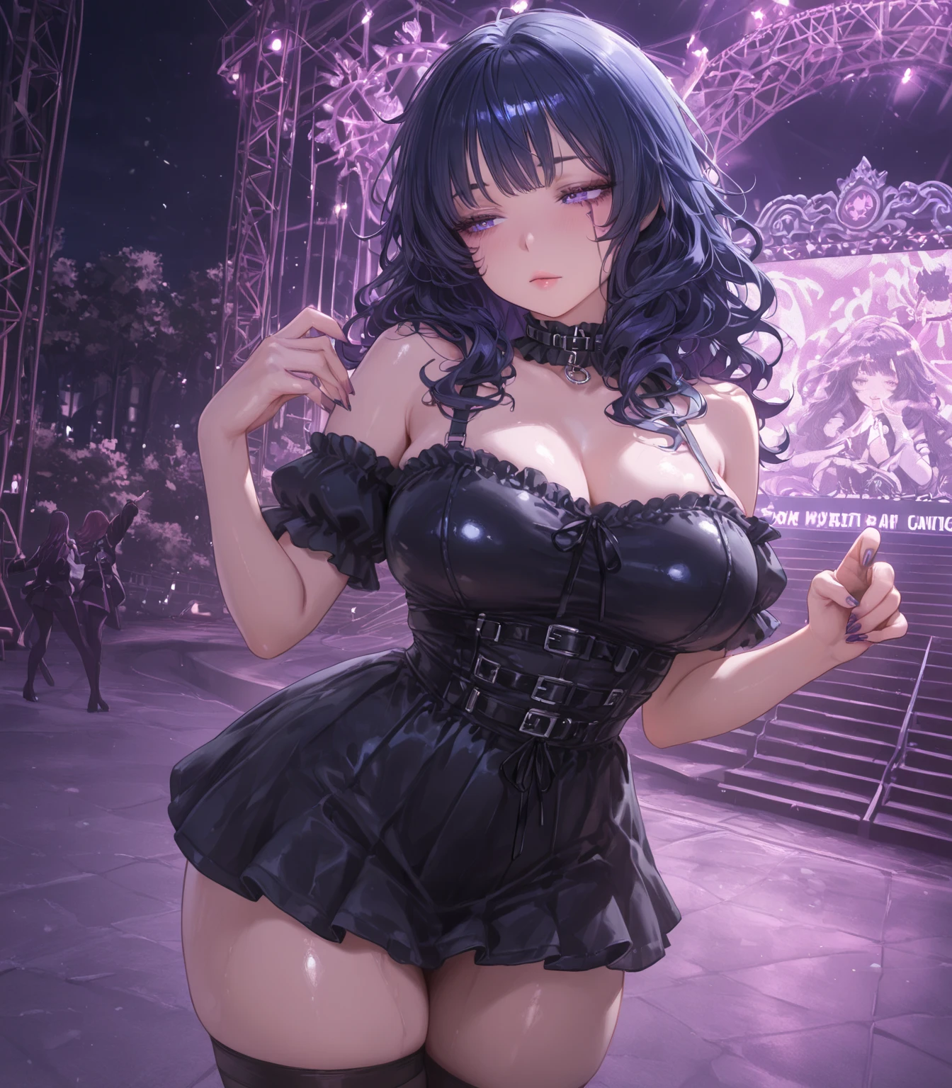 circular image, (masterpiece: 1.3), (最high quality: 1.2), (masterpiece), high quality, High resolution, (alone: 1.4), (Round image)), (((Fisheye)), [(metallic silver background: 1.1): 5], [(cool rock band stage, play electric guitar: 1): 5], 18 year old girl, cute, floating, flashy, [(Punk Rocker Costume, revealing clothes:1.2): 5] {1 girl}, {alone}, (((whole body))), {{{five fingers}}}}, ((excellent anatomy: 1.2)), ((black)) short bob hair (silver and (purple)), (enchanting smile, armpit),, watch viewer, fluffy mini skirt, plaid, (((Anyway cute)), Punk Accessories,thin waist, long limbs, big breasts, ((I can see your nipples)), ((erect nipples)), (Female dog)