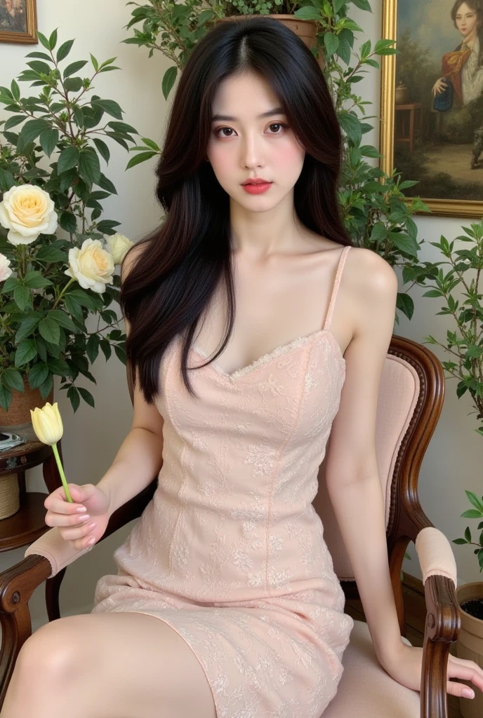 1 Girl,hotel,Soft Light,Chinese Beauty,Tight Fit,Light pink dress,