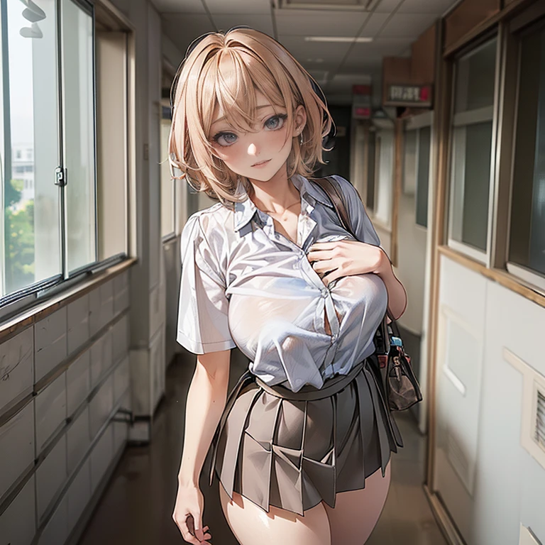 blonde, short hair, girl１, in the School classroom,(looking through legs), completely nude, (small nipples:1.2), (small areolas:1.2), kawaii, cute, purple eyes,(open white shirt),(shy), (blush),light smile