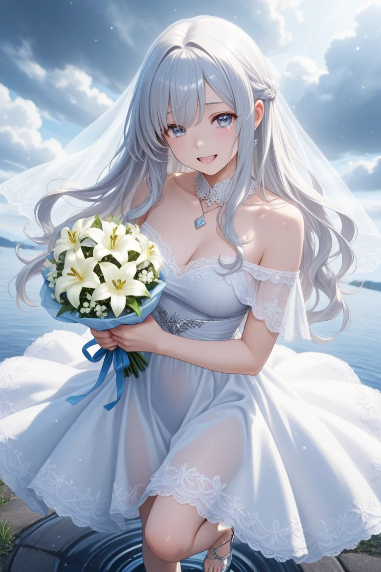 A fragile woman of a certain age with an aura of sadness、Holding a bouquet of blue roses、I am so emotional I am crying、Round, droopy blue eyes、Fine wavy long white hair、Medium breasts and curvy legs、White Wedding Dress、Standing pose