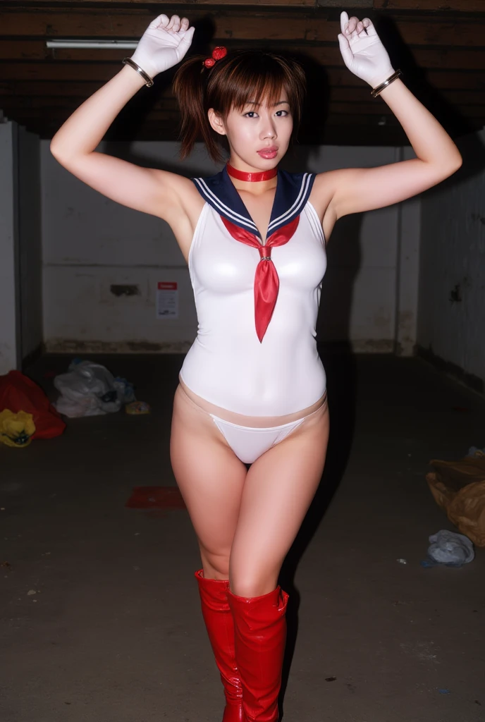 Realistic, 8k, 1girl, long white black hair, (japanese, 23 year old:1.5), sweated:1.8,japanese,((white sporty cheerleader uniform costume:1.5)),(sexy white frilled bite panty:1.4),standing on one leg,leg_lift standing_split,((furrowed brow:1.5)),(closed eyes:1.5),thick eyebrows,(cry:1.6),(open wide mouth:1.6),((screaming:1.6)),(anger:1.3),sad,(blash:1.5), slender ads:1.3, (BDSM,rope shibari over clothing:1.55), tuned abs, thighs,