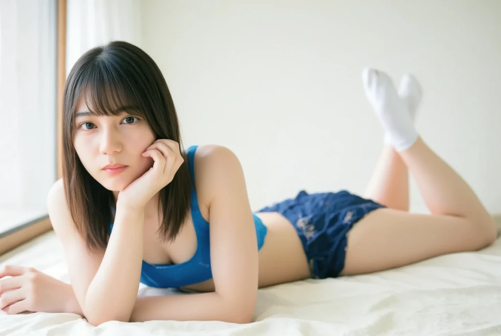 A woman lies on a bed,Big ,White,Posing in the bedroom, In her room, Full view, , waist shot, sweaty 4 k, Bottom Angle, Very wide-angle lens, cute , Full body perspective, Large wide-angle lens, show her face, full length view, Her belly button is exposed