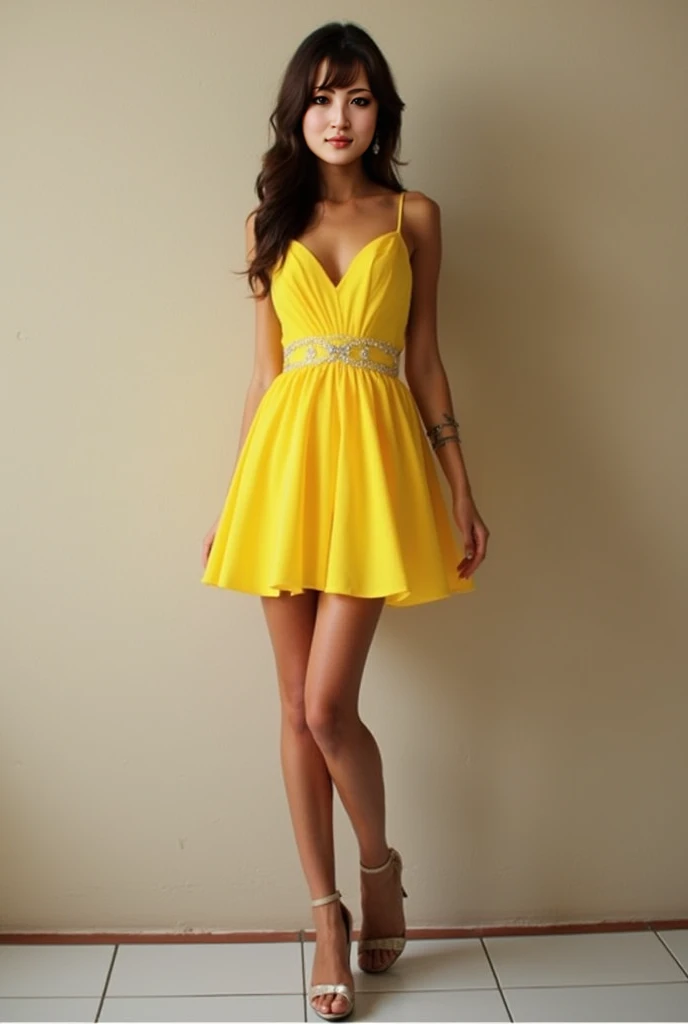 Radiant woman, with captivating ginger hair, bun, messy, adorned in a pastel yellow short dress and high heel shoes, on a completely white background, full-length portrait, digital painting, simple but elegant, high-intensity lighting, rich texture, detailed fabric complexity, ultra clea
