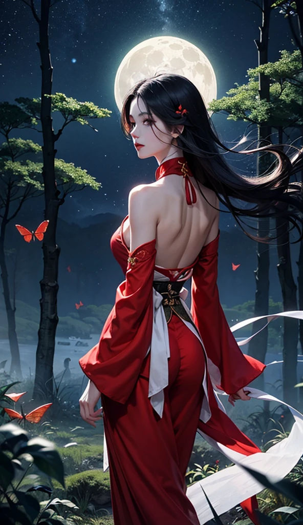 1girl, long hair, flower, Lisianthus, in the style of red and light azure, dreamy and romantic compositions, red, ethereal foliage, playful arrangements, fantasy, high contrast, ink strokes, explosions, over exposure, purple and red tone impression, abstract, whole body capture,