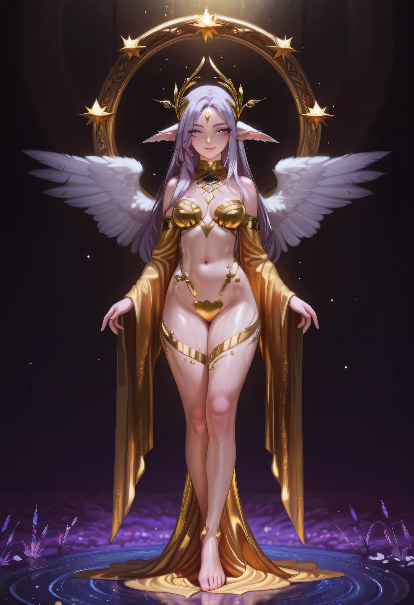 ethereal humanoid character with a five-pointed star-shaped head, a single large central eye, surrounded by smaller floating eyes, tall and slender body, smooth skin, gradient arms and legs: from shoulders light yellow, light pink, muted lavender, milky white to pure white hands; from thighs light yellow, light pink, lavender to deep violet feet; wearing long dark navy or black ribbons draped over shoulders, decorated with golden ornaments and celestial symbols, soft cosmic glow around, delicate golden cloth pieces floating behind, serene and mystical atmosphere, high detail, ultra high resolution, intricate textures, cinematic lighting, artstation, concept art, fantasy style.

--v 5 --q 2 --ar 9:16