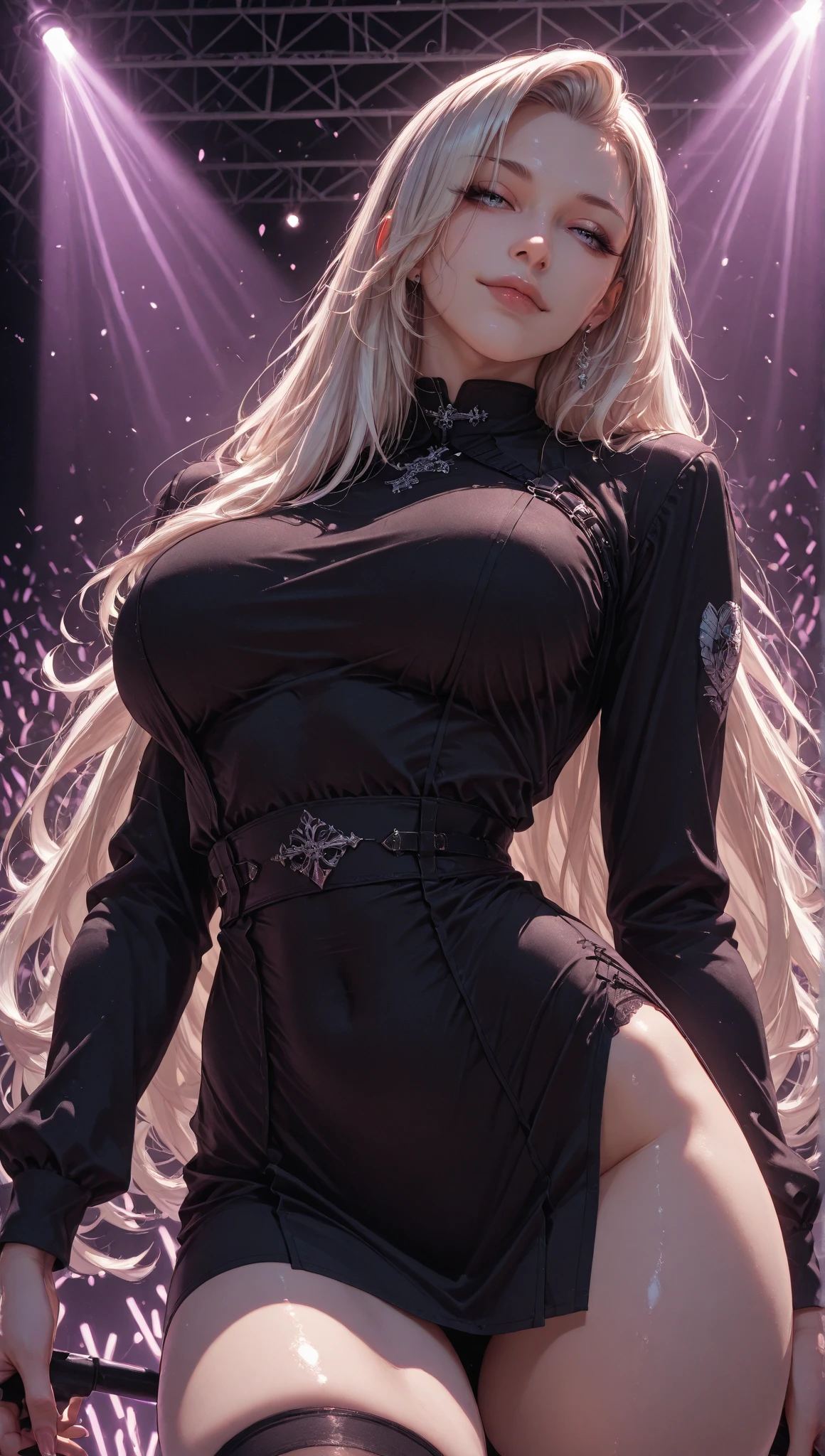 masuter piece　top-quality　Top image quality　((30 years old beautiful mature woman)) ((lace black summer dress))　(cleavage of the breast) (Belly showing) Thigh up　Standing figure　((Park at night　moonlights))