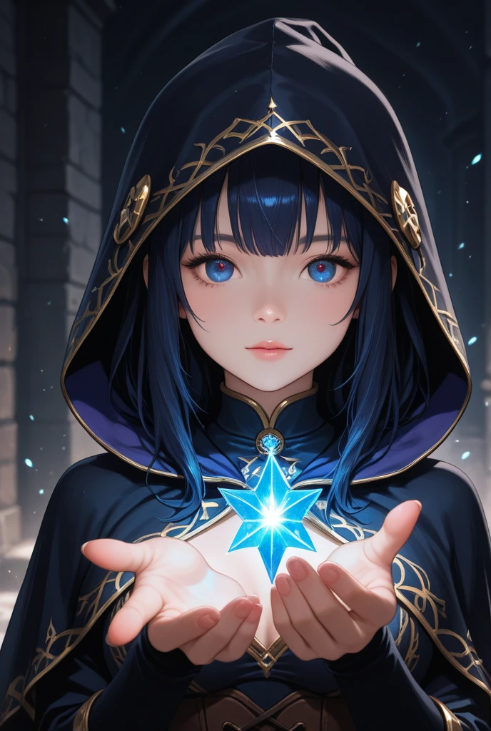 dark sorceress, magician, long black hair, blue eyes, magic, fantasy, medieval, night, glow