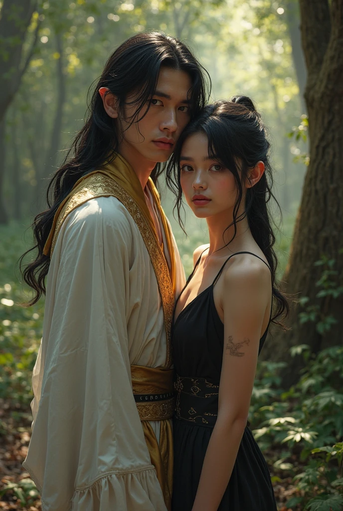 full lenght, full-body picture of a young man with long black hair, handsome face, tall and well-proportioned, with long black hair tied loosely, wearing a traditional white Thai costume, a white loincloth with gold sparkles, looking at each other, a young woman with long black hair, beautiful, wearing a white and pink gold Thai costume, wearing a small beautiful crown, walking, holding hands, smiling at each other, with a beautiful Thai house in the background, night light shining down, 3D oil painting, full-body picture, clear picture, full body, from a distance