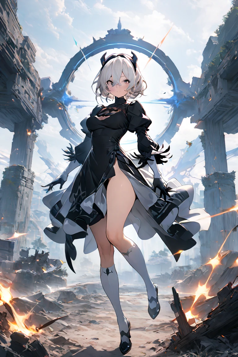 (Best quality, 8k,1 girl, solo, very pale silver skin), (cyber blue eyes, white hair with black fringes, horns with lightning magic), medium breasts, cinematic lighting, (floating midair, bare shoulders, highly detailed tight top, showy outfit), hand toward viewer, (cold expression, looking at viewer, epic)
