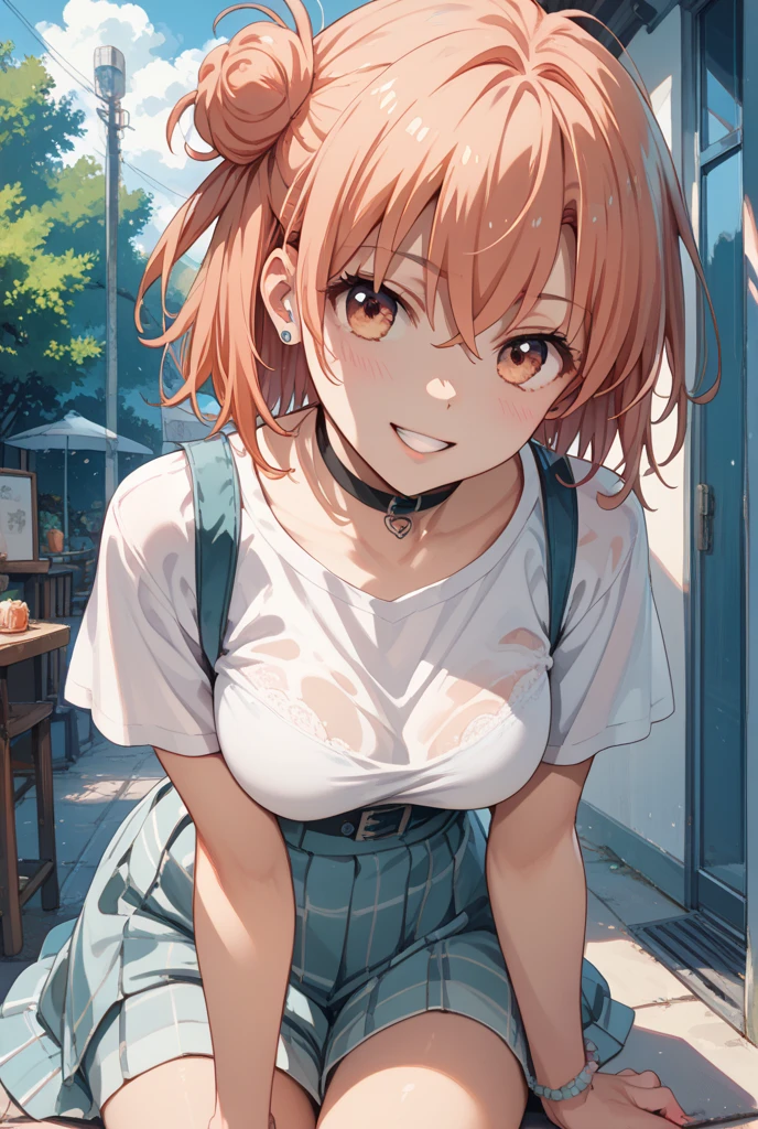 masterpiece、highest quality、Very detailed、8k CG、
Photograph the upper body、1 female、(Put your arms behind your back:1.2)、Are standing、Turn your body forward、View your viewers、(Orange Dirndl)、blush、shy、(trembling:1.2)、Pink Hair、Open your mouth、restaurant、
