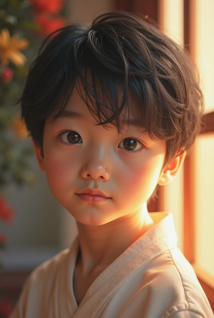 a cute little boy，with short black hair，largeeyes，Chubby face，ssmile，adolable，Innocence