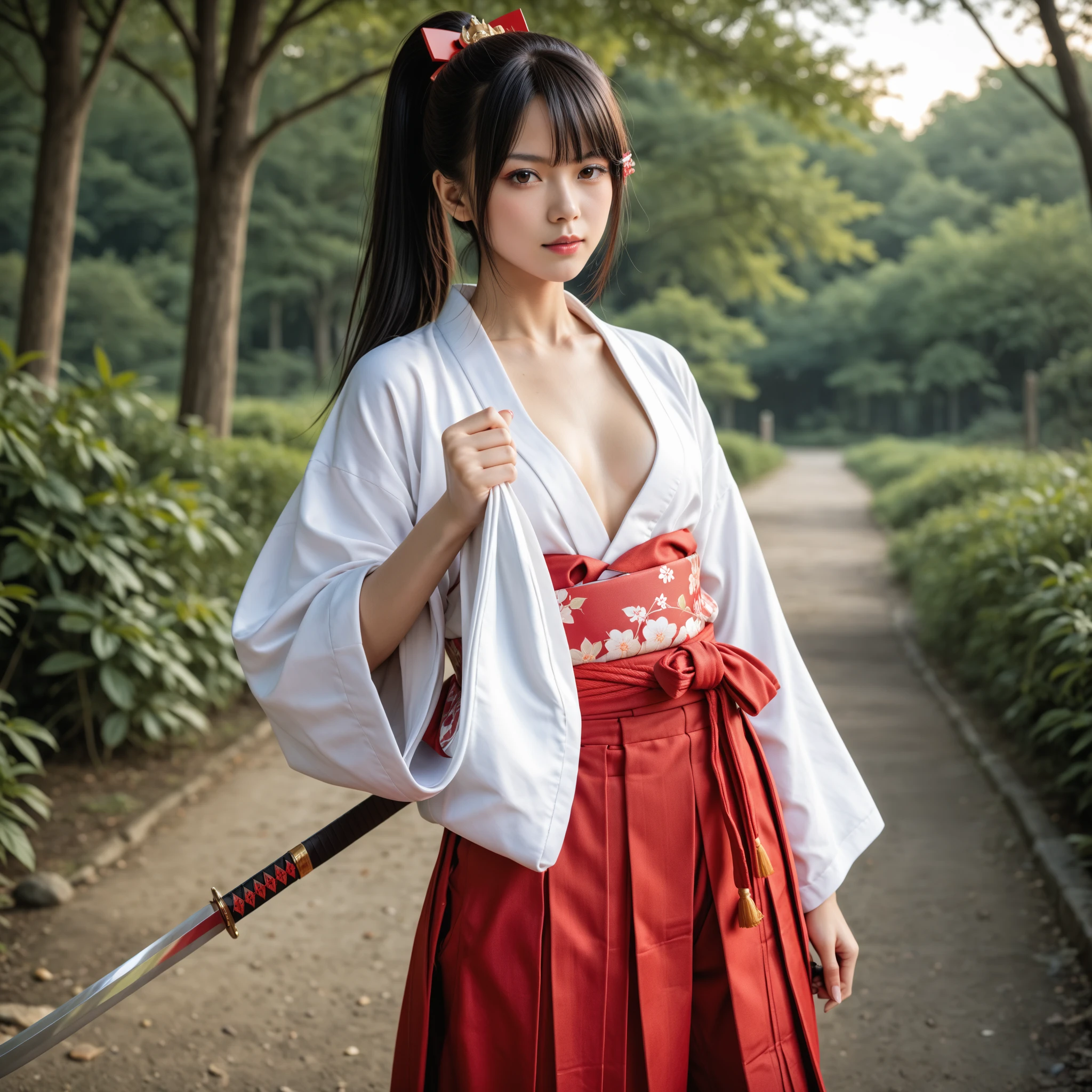 Raw photo of one female samurai, Stand in a combat stance, Pulling the sword out of the sheath in her hand, Ready for Battle, In full samurai attire (Kimono) (Bamboo forest wind), (The wind lifted the leaves), Cut her shoulder ( high skin detail: 1.2), 8K UHD, SLR camera, Soft lighting, High quality, Film grain, 富士XT3