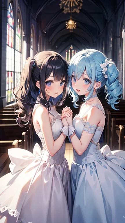 Anime Moe Art Style,Highest quality,High resolution,Anatomically correct,Mid-teens,With her light blue hair in a ponytail,Super detailed,Big Breasts,Shiny skin,Beautiful Skin,A rich expression,Bright smile,Laughing with your mouth open,church,Holding a large bouquet of colorful flowers,Waving big,Sleeveless blouse,flare skirt,necklace,bracelet,hair ornaments,Eyes drawn in detail,8k