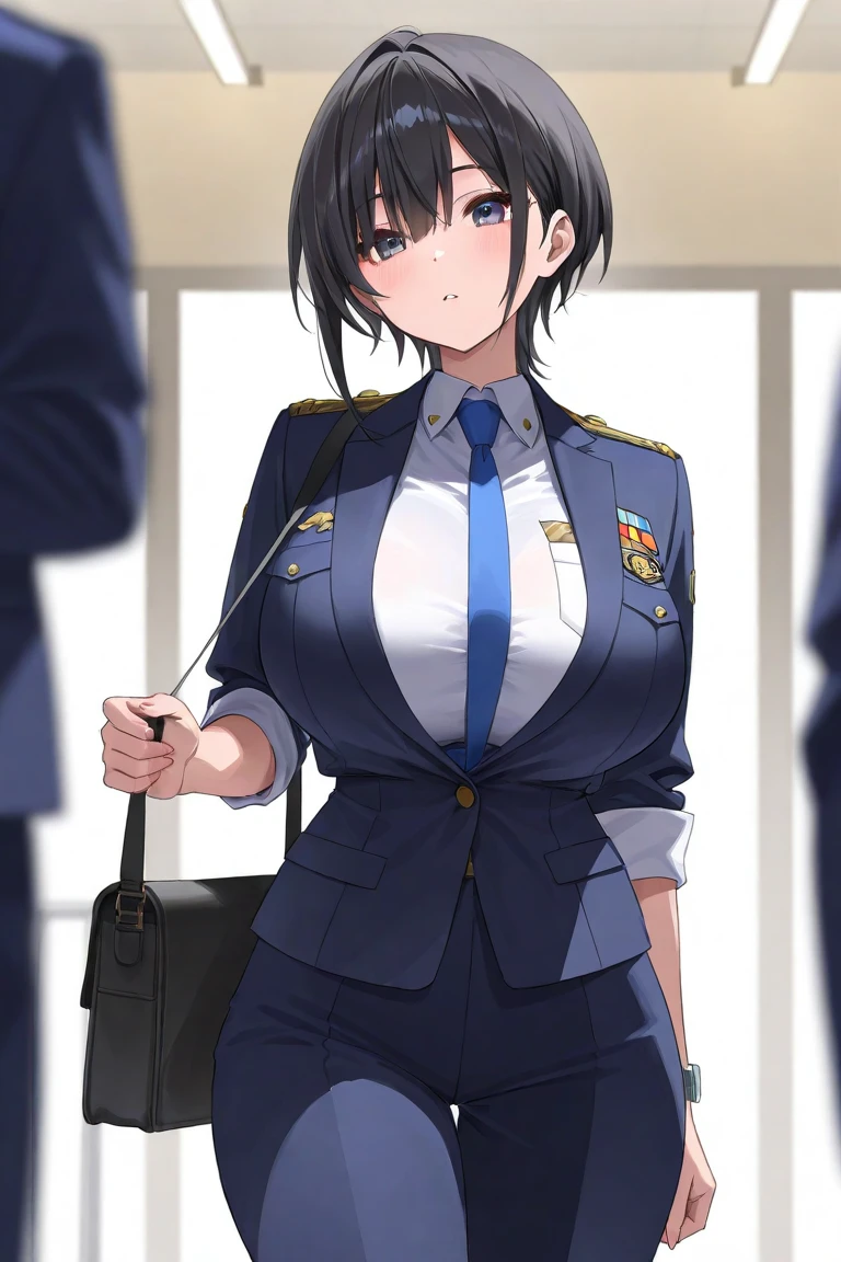 ,1 girl,Navy Blue American Police,Navy blue mini skirt,blue eyes,serious face,brown hair,bob hair,New York City,Big Breasts,blush,Sweat,diagonal,thin,director'office,Get on your desk, salute,Are standing,Please open your mouth a little